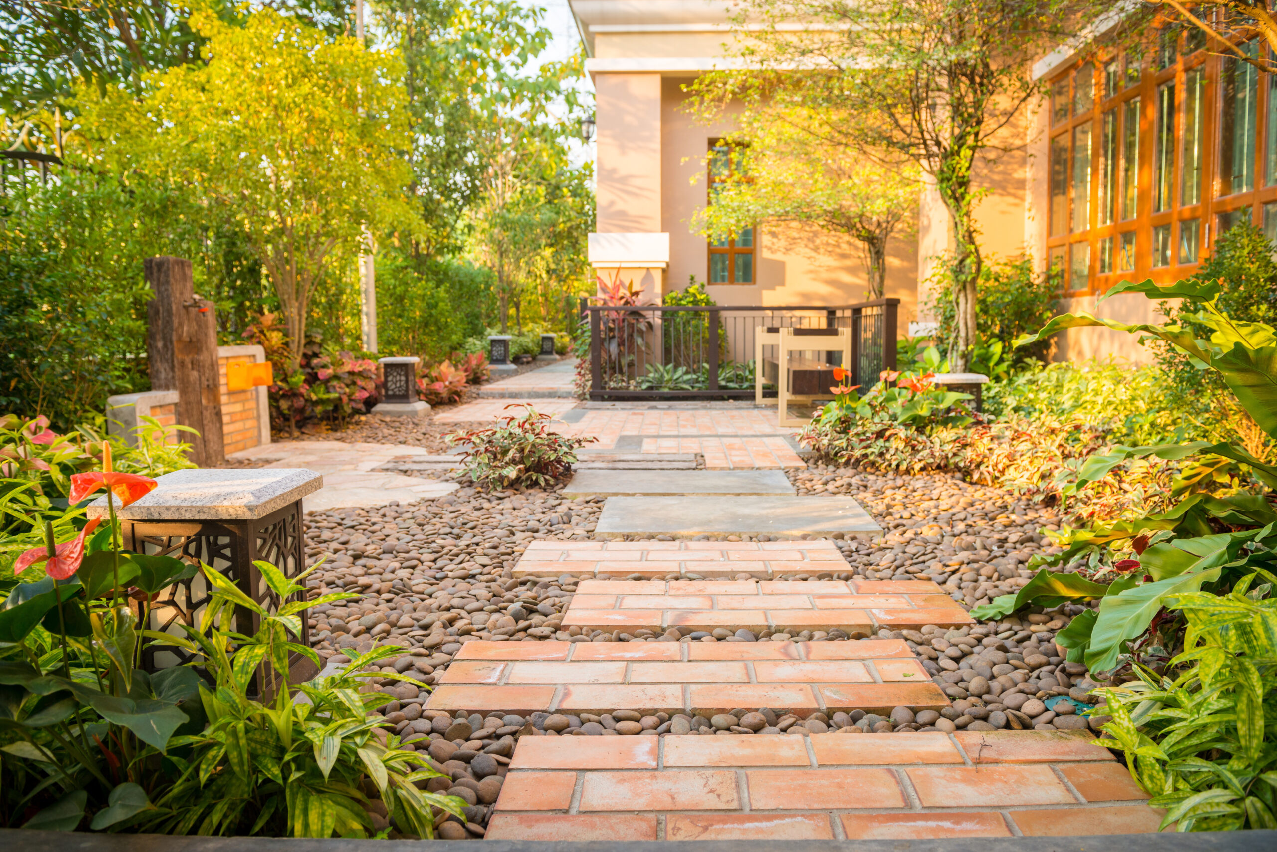 decorative garden, walk way around the house